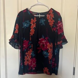 Van Heusen Women’s Navy Blue Floral Ruffle Sleeve Top XXL